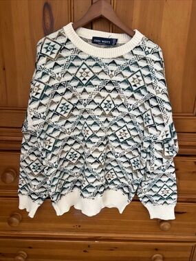 Vintage John Weitz Geometric Knit Sweater Mens Sz L USA Cotton Retro 90’s